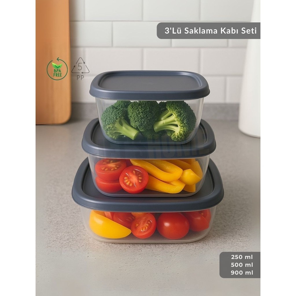 3'lü Saklama Kabı Seti Kare Erzak Kabı Bpa Free Derin Dondurucu Için Uygun 250-500-1500 ml - Antrasit Saklama Kapları Fiyatı