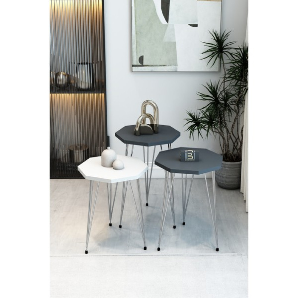 3'lü Sekizgen Zigon Sehpa Seti - Gümüş Metal Ayaklı, Modern & Şık Yan Sehpa, Dayanıklı Salon Ofis - 1 Beyaz 2 Antrasit Zigon Sehpa Fiyatı