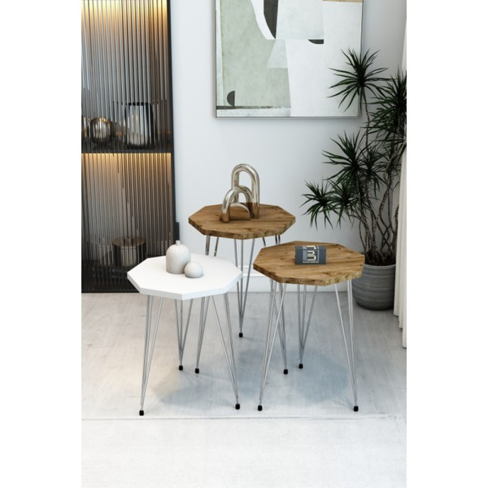 3'lü Sekizgen Zigon Sehpa Seti - Gümüş Metal Ayaklı, Modern & Şık Yan Sehpa, Dayanıklı Salon Ofis - 1 Beyaz 2 Atlantik Çam Zigon Sehpa Fiyatı