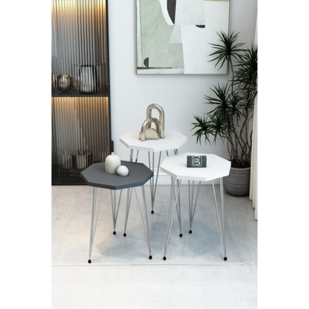 3'lü Sekizgen Zigon Sehpa Seti - Gümüş Metal Ayaklı, Modern & Şık Yan Sehpa, Dayanıklı Salon Ofis - 2 Beyaz 1 Antrasit Zigon Sehpa Fiyatı