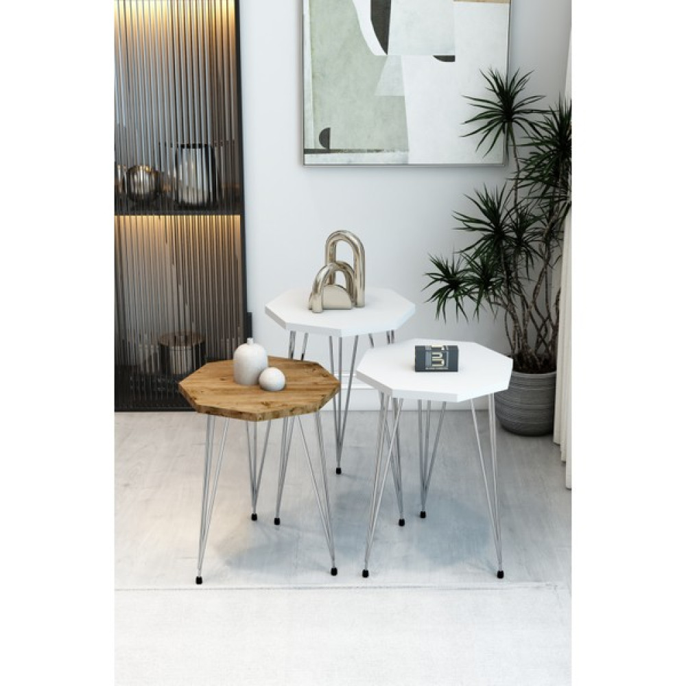 3'lü Sekizgen Zigon Sehpa Seti - Gümüş Metal Ayaklı, Modern & Şık Yan Sehpa, Dayanıklı Salon Ofis - 2 Beyaz 1 Atlantik Çam Zigon Sehpa Fiyatı