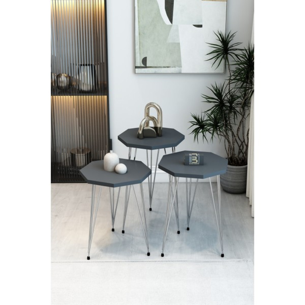 3'lü Sekizgen Zigon Sehpa Seti - Gümüş Metal Ayaklı, Modern & Şık Yan Sehpa, Dayanıklı Salon Ofis - Antrasit Zigon Sehpa Fiyatı
