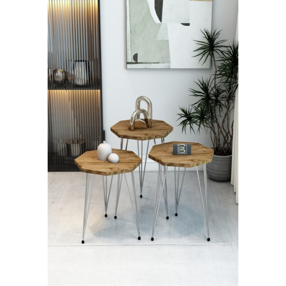 3'lü Sekizgen Zigon Sehpa Seti - Gümüş Metal Ayaklı, Modern & Şık Yan Sehpa, Dayanıklı Salon Ofis - Atlantik Çam Zigon Sehpa Fiyatı