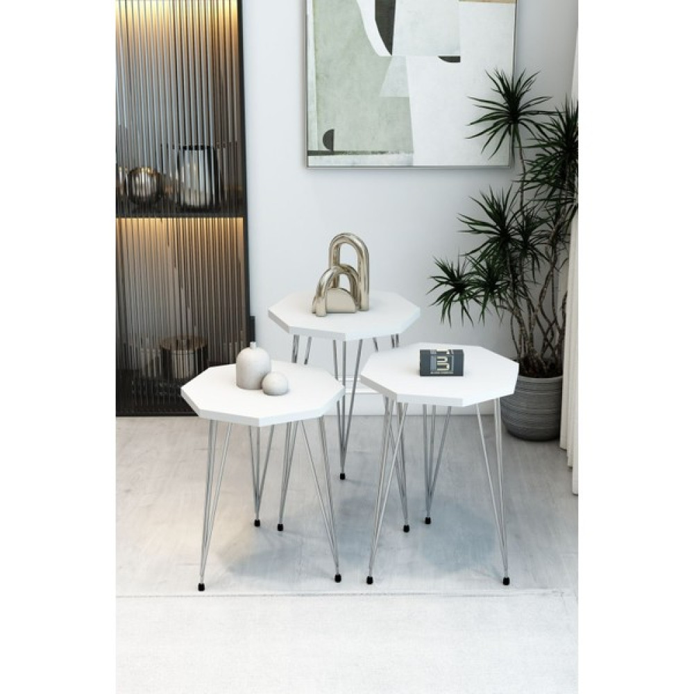 3'lü Sekizgen Zigon Sehpa Seti - Gümüş Metal Ayaklı, Modern & Şık Yan Sehpa, Dayanıklı Salon Ofis - Beyaz Zigon Sehpa Fiyatı