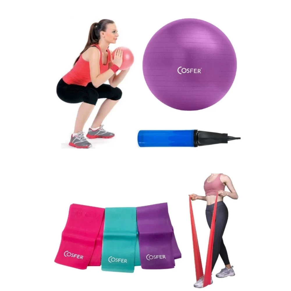 3Lü Set 20 Cm Mor Mini Jimnastik Egzersiz Denge Pilates Topu 3'Lü Pilates Bandı Seti Büyük Boy Pompa Direnç Lastiği Fiyatı