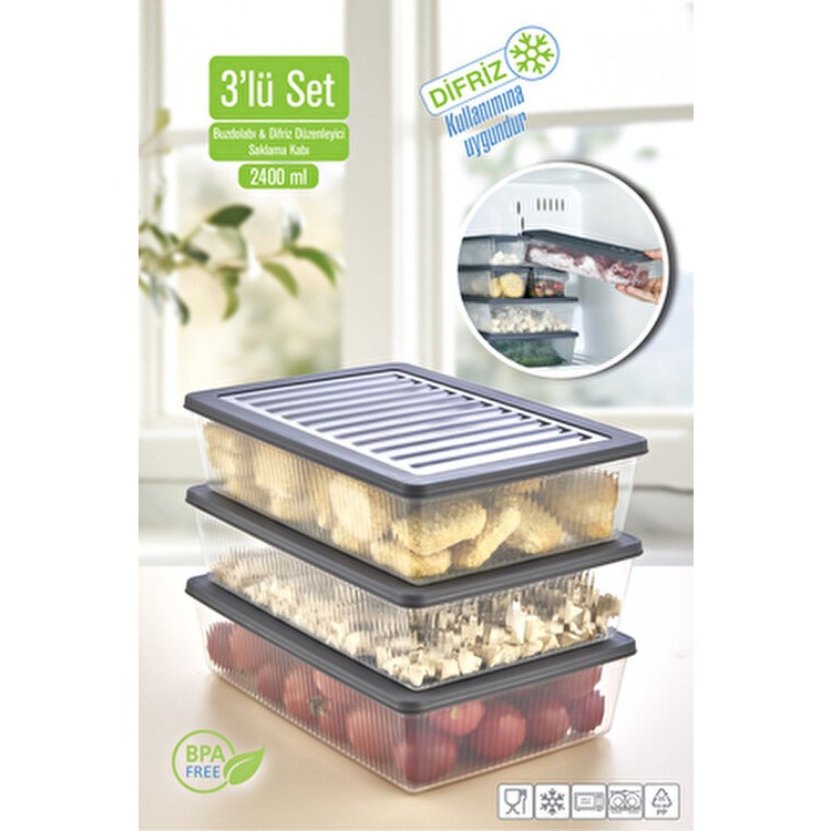 3’lü Set Buzdolabı Organizer Mikrodalga ve Difrize Uygun Saklama Kabı 3 x 2400 Ml. - 100 x 100 cm Eşya Saklama / Düzenleme Fiyatı