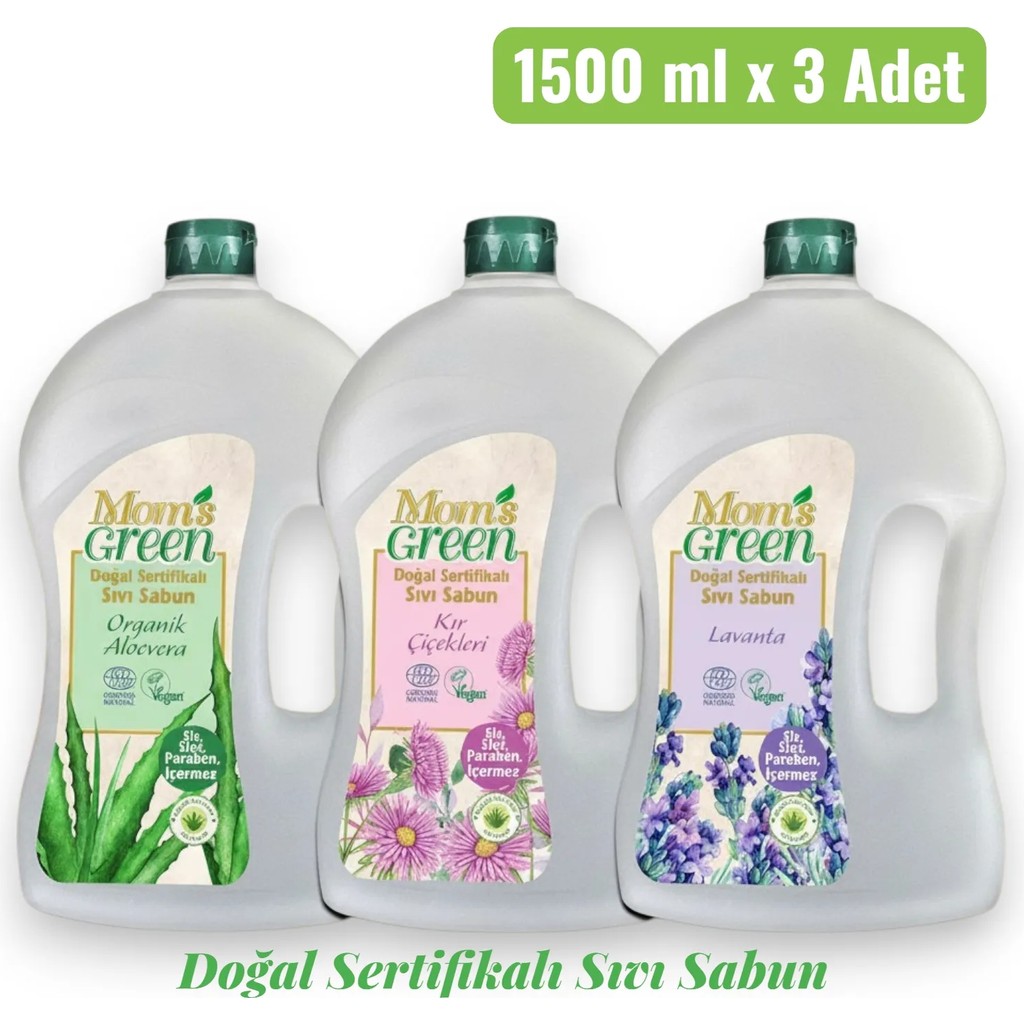 3'lü Set Mom's Green Doğal Sertifikalı Sıvı Sabun Seti (Lavanta-Kır Çiçekleri-Aloevera) 3 Adet x 1500 ml Diğer Fiyatı
