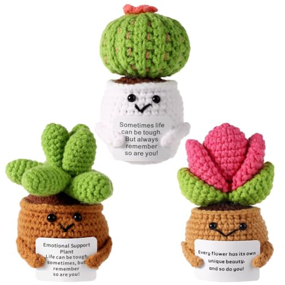 3pcs Positive Crochet Potted Plants, Positive Cactus Positive Crochet Succulent Crochet Cactus Knitted Succulent Positive Plants Crochet for Party Decoration Encouraging Gift