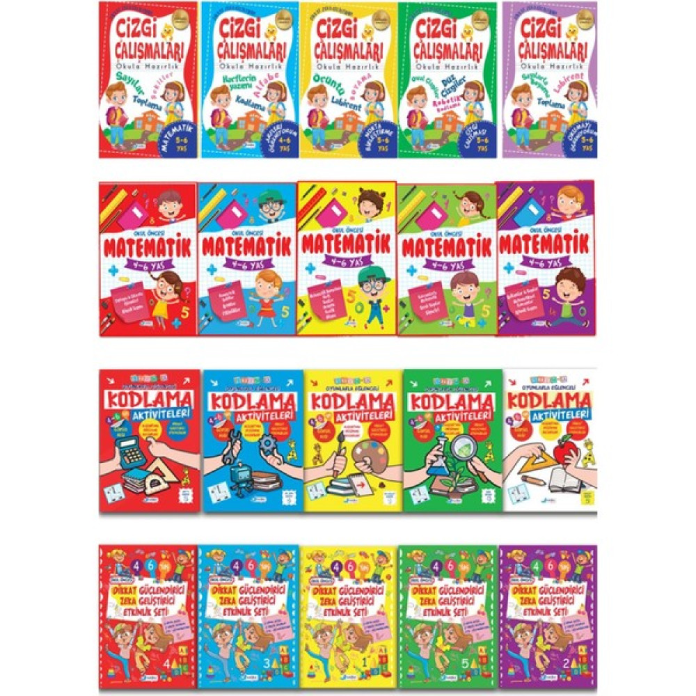 4-6 Yaş 20 Kitap Dikkat Geliştirici Matematik Kodlama ve Çizgi Çalışmaları Seti Okul Öncesi Eğitici & Öğretici Kitaplar Fiyatı
