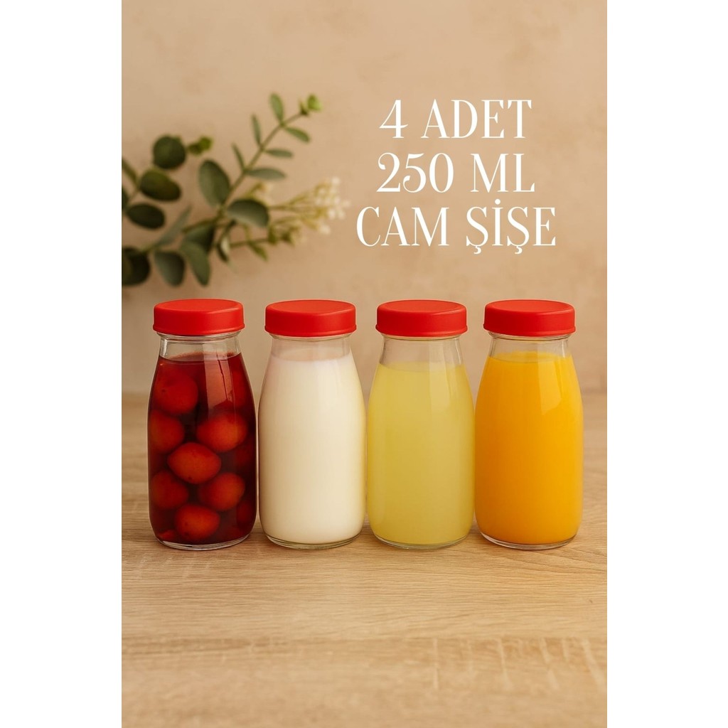 4 Adet 250 ml Şeffaf Sürahi Süt, Ayran, Su, Limonata, Meşrubat Şişesi Plastik Kapaklı Cam Şişe Sürahi Fiyatı