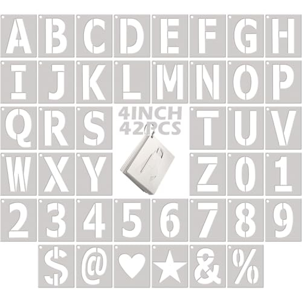 4 Inch Large Letter Stencils Set - 42 PCS Reusable Plastic Alphabet Stencils with Numbers & Symbols for Painting on Wood, Wall, Rock, Sign - Thick & Durable Templates for DIY Art Projects