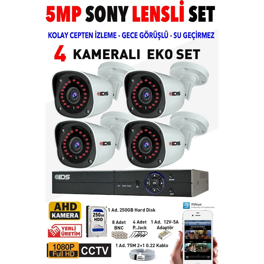 4 Kameralı Sony Lensli Fullhd Gece Görüşlü Güvenlik Kamerası Seti - Cepten Izle - 1080P - Beyaz Güvenlik Kameraları Fiyatı