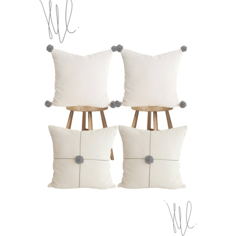 4 lü Kırlent Ekru Ponponlu Kırlent 40 X 40 cm Kırlent Kılıfı Özel Tasarım Luna Design Studio - Gri Kırlent / Mobilya Yastığı Fiyatı