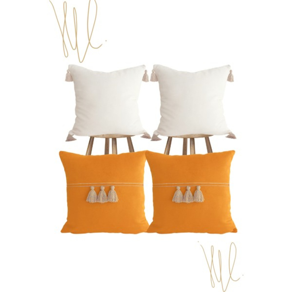 4 lü Kırlent Turuncu Ekru Püsküllü Kırlent 40 X 40 cm Kırlent Kılıfı Özel Tasarım Luna Design Studio - Koyu Turuncu Kırlent / Mobilya Yastığı Fiyatı