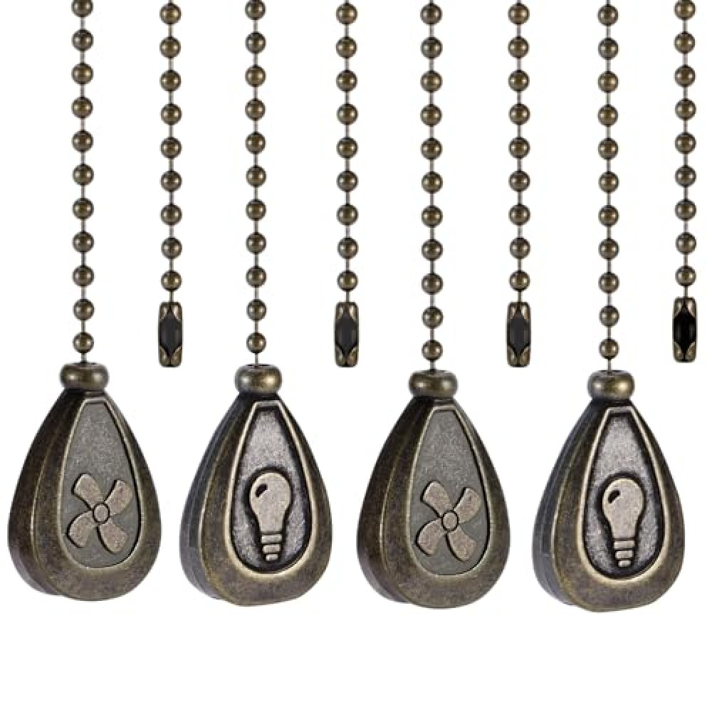 4 Pack Bronzed Ceiling Fan Pull Chain Extension, 12 Inches Classic Drop Shaped Pendant Pull Chains for Ceiling Fans and Lights, Decorative Fan Pulls Extenders with Connector (2 light and 2 fan)
