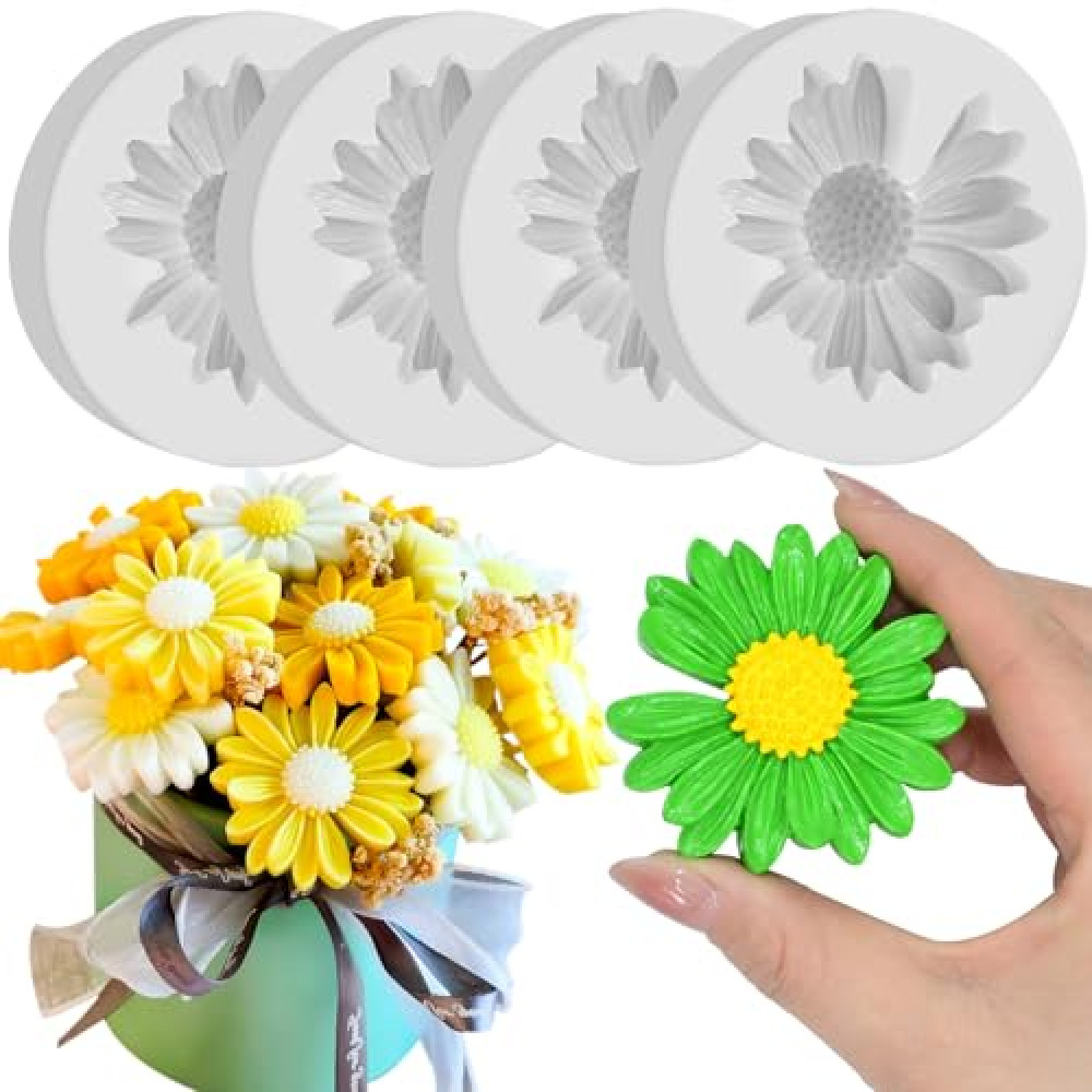 4 PCS Daisy Flower Silicone Molds for Candles, 3D Flower Fondant Chocolate Cake Cupcake Topper Decoration Mold, DIY Tealight Candle Soap Wax Epoxy Resin Concrete Casting Polymer Clay Craft