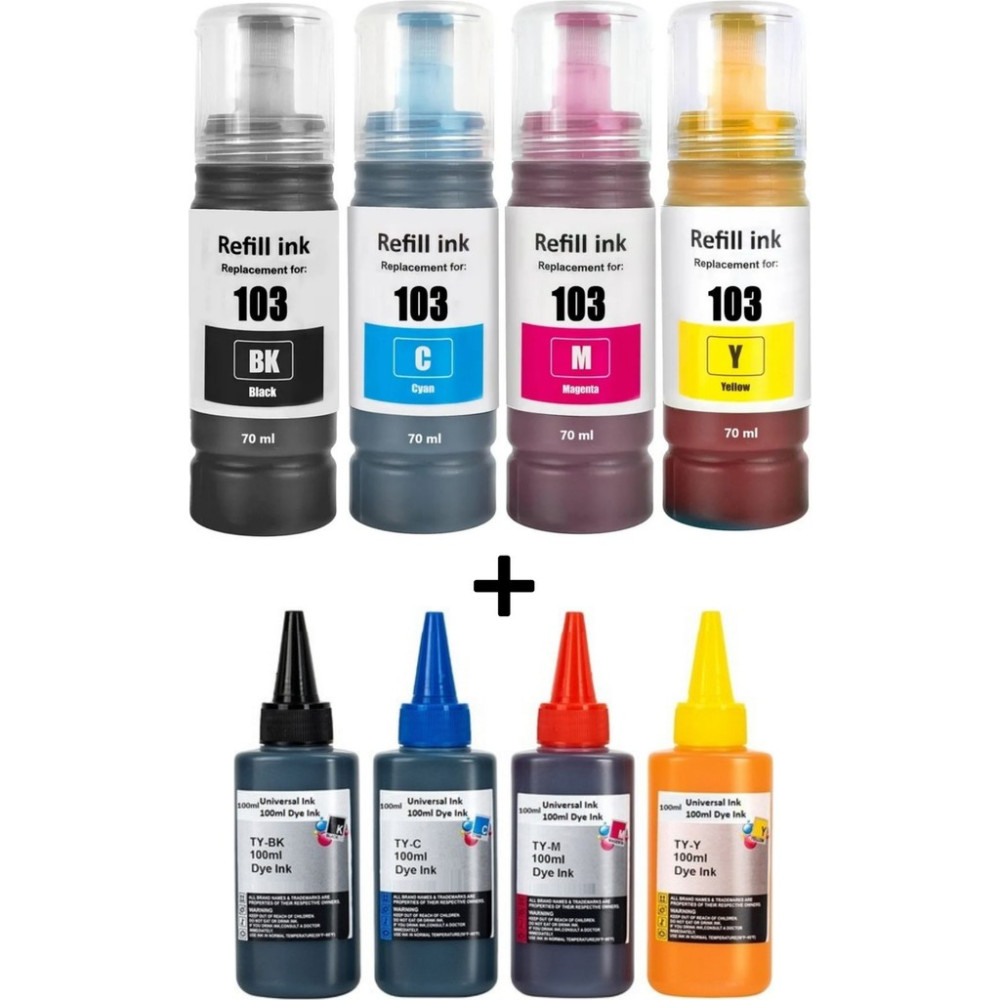 4 Renk 103 Muadil Mürekekp Seti (+ 100'ER ml Yedek Mürekkep Setli) Epson Ecotank L3251, L3256, L3260 Uyumlu - Renkli Muadil Kartuş Fiyatı