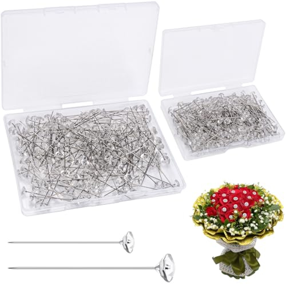 400 Pcs Corsage Boutonniere Pins, 2.1&1.5Inch Crystal Rhinestones Pin，Straight Floral Pins, Clear Flower Pins for Flower Bouquets Wedding Bridal Hair Accessories