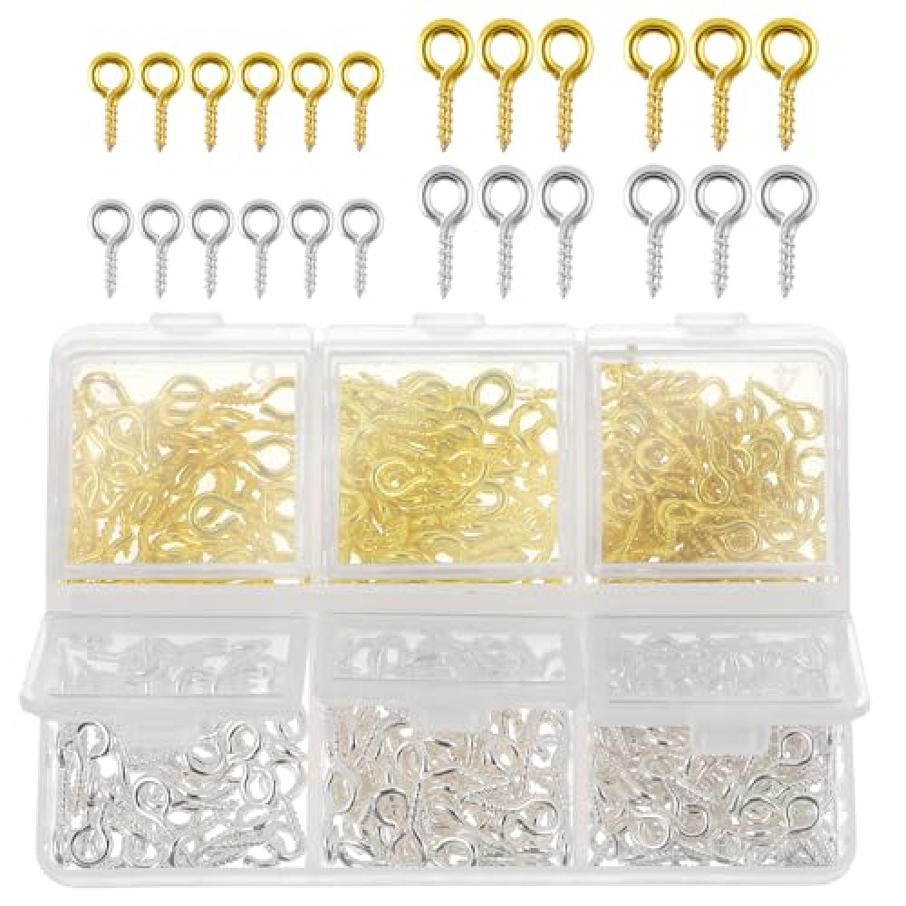 400pcs Eye Pins for Jewelry Making - Mini Metal Small Screw Pin Pendants, Charm Bead Supplies, Eyelets, Threaded Gold Silver Tone Clasps Hooks for Crafts