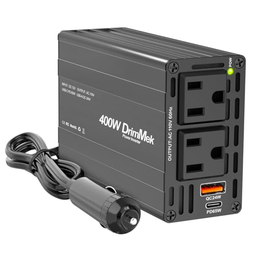 400W Car Power Inverter - Dual DC 12V to 110V AC Car Plug Adapter Outlets, Fast Charging USB C 65W & 24W Port, Power Inverters for Vehicles, Laptop Car Charger, Road Trips