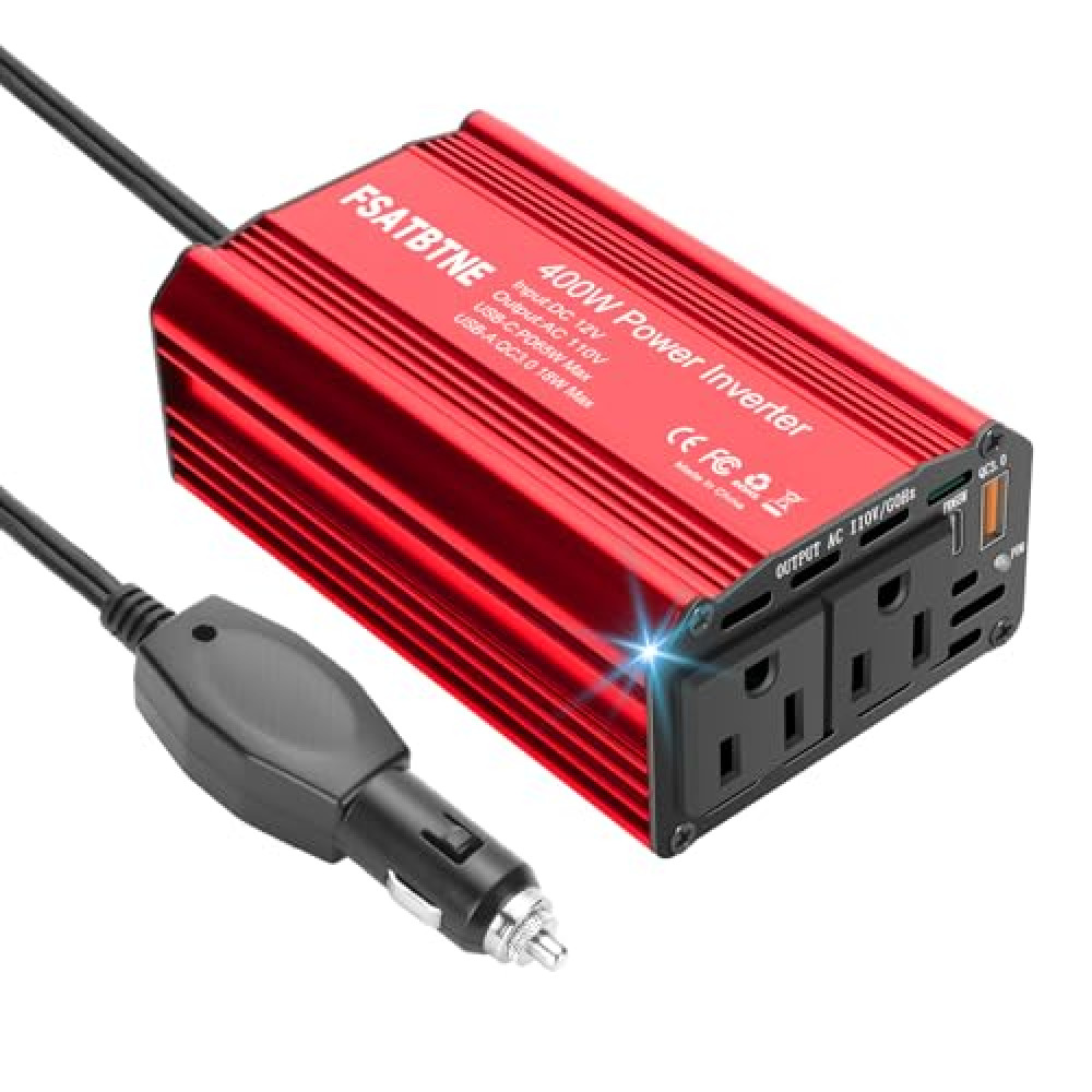 400W Power Inverter, FSATBTNE DC 12V to 110V AC Car Plug Adapter Outlet Converter with [65W PD USB-C] & [18W QC USB-A] Fast Charging Ports and 2 AC Outlets Car Power Inverters for Vehicles