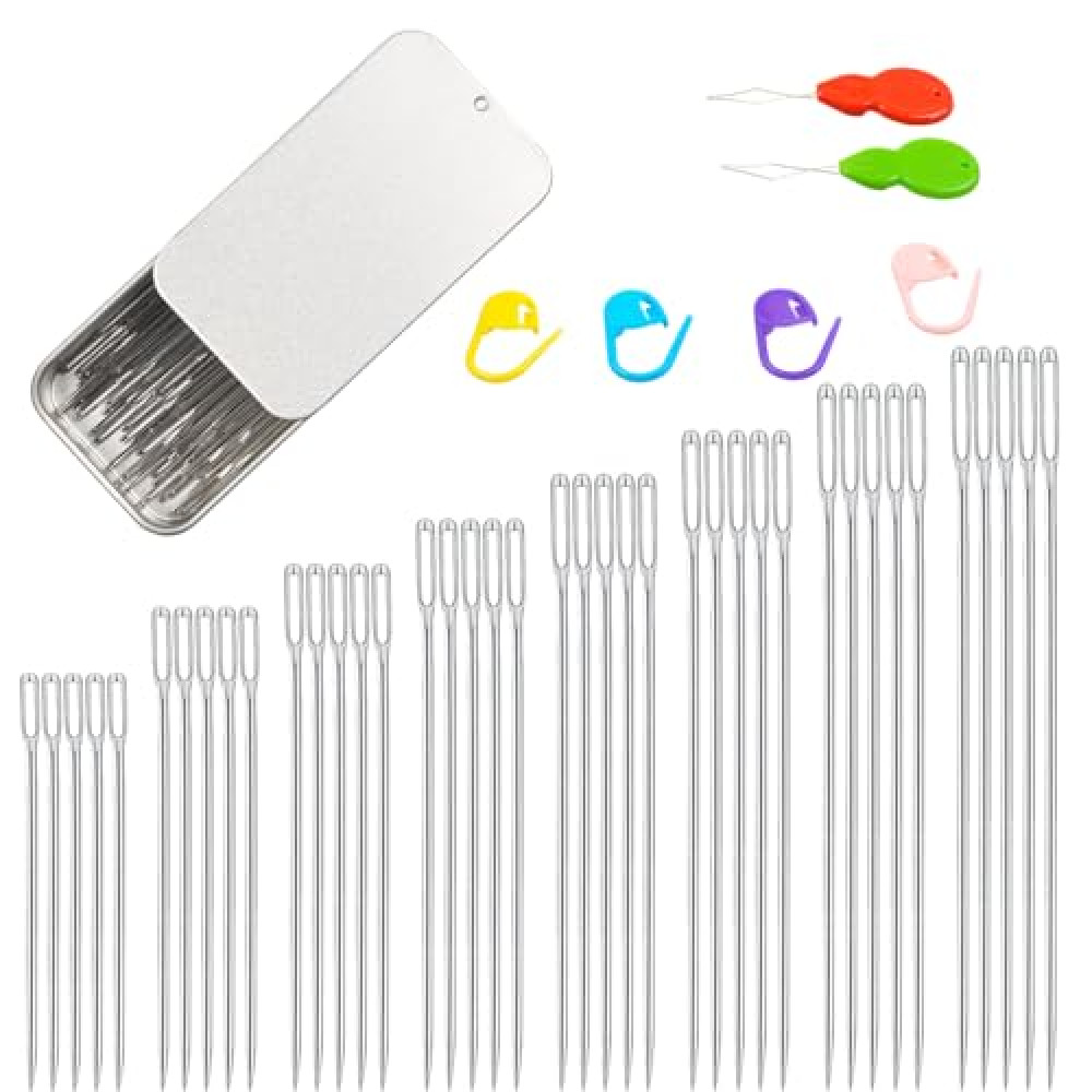 40PCS Large Eye Sewing Needles, 8 Sizes Hand Sewing Sharp Needles, Embroidery Needle, Leather Needle,Stainless Steel Yarn Needles with Threaders & Stitch Markers (Silver)