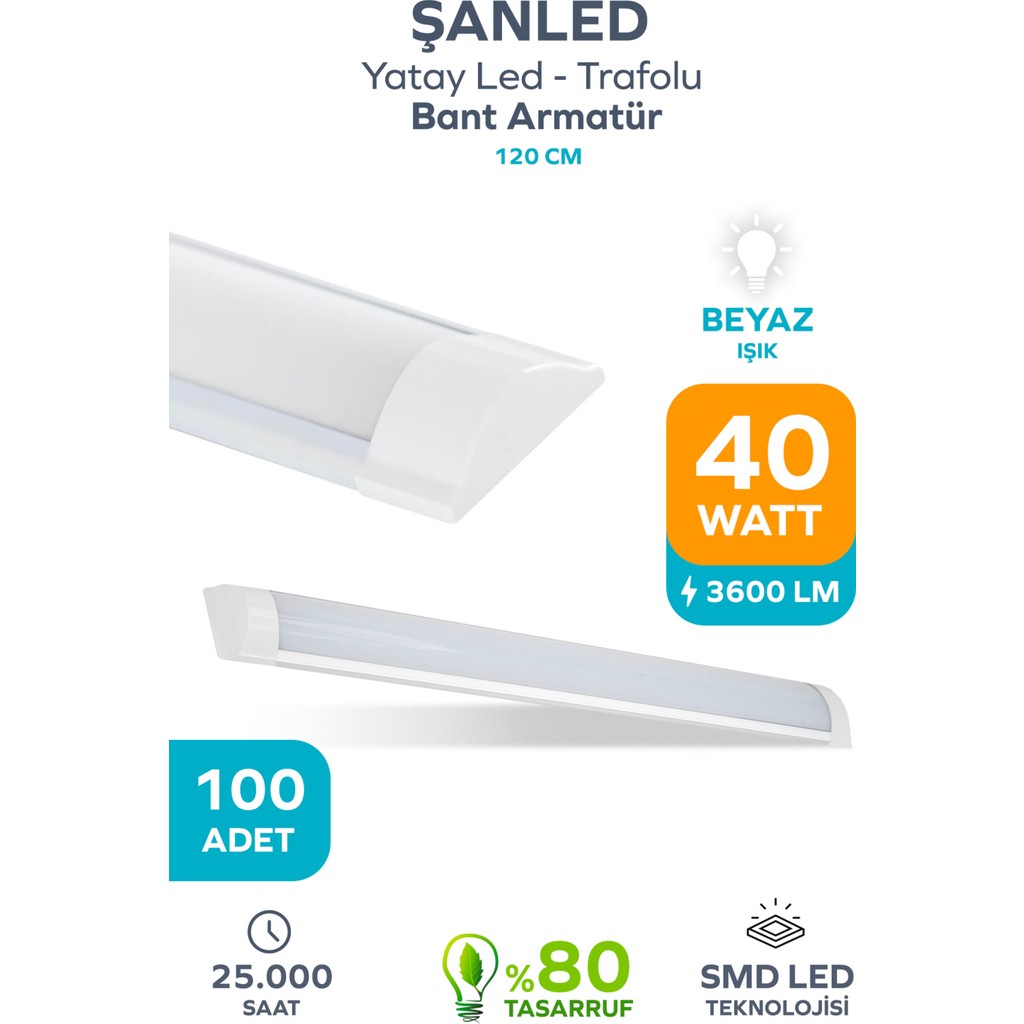 40W 120 cm Yatay LED Bant Armatür-Trafolu Beyaz Işık 1,2,4,8,10,20,40,50,100 Adet - 100 Adet - 6500K - Beyaz Armatür Fiyatı