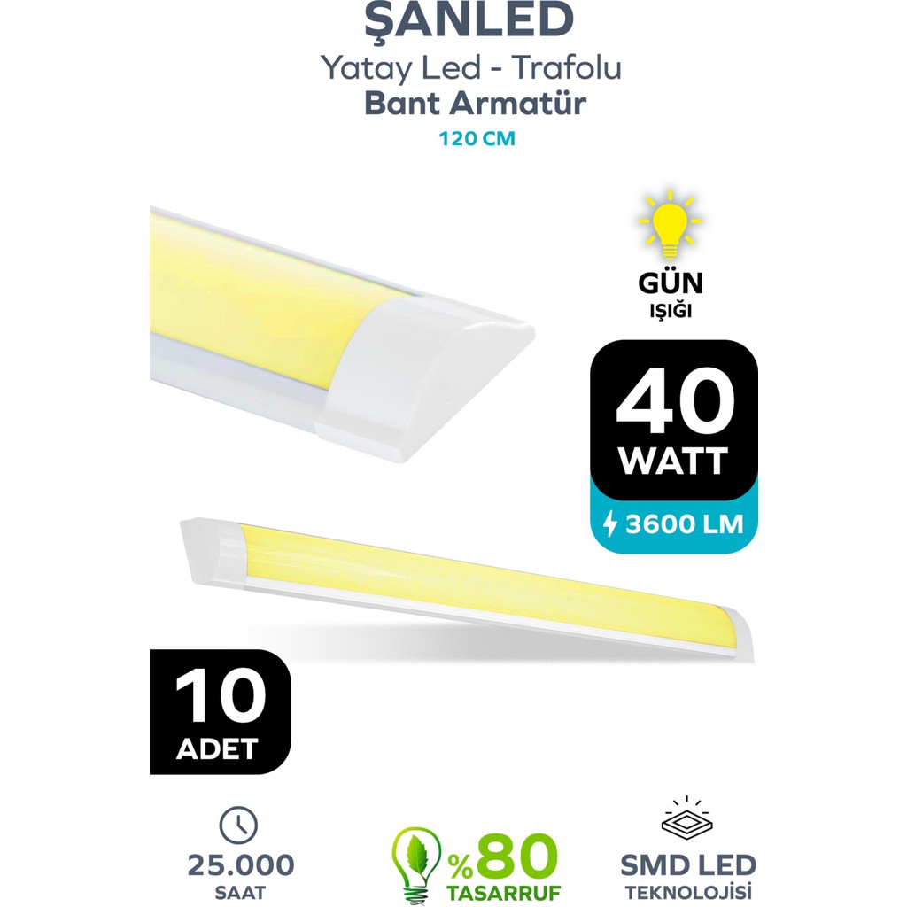 40WAT 120 cm Kristal Yatay LED Bant Armatür-Trafolu Gün Işığı 10 Adettir - 10 Adet Armatür Fiyatı