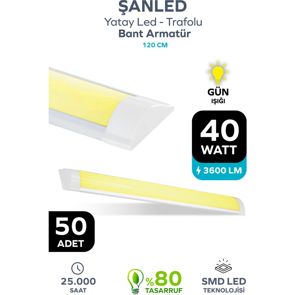 40WAT 120 cm Kristal Yatay LED Bant Armatür-Trafolu Gün Işığı 50 Adettir - 50 Adet Armatür Fiyatı