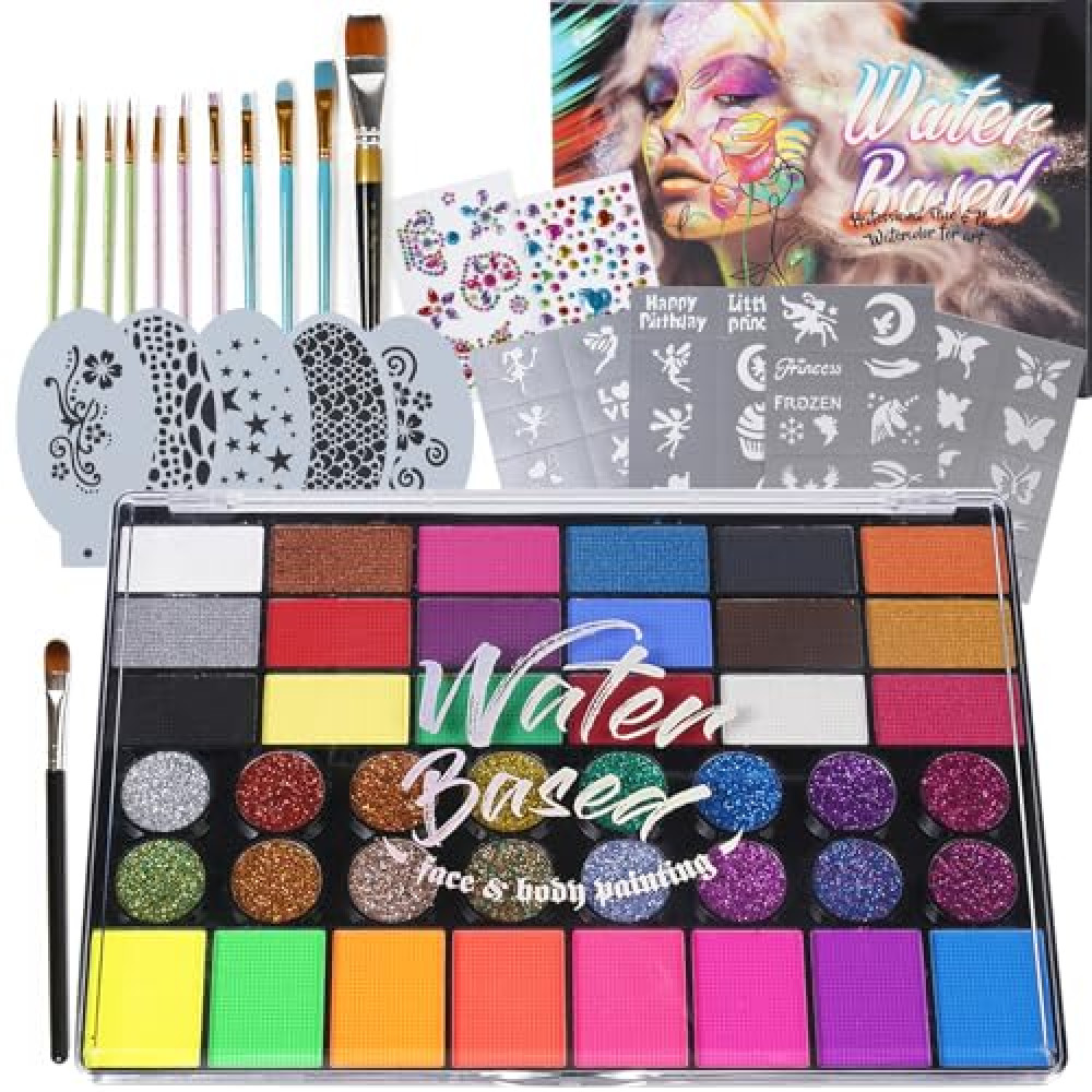 42 Color Face Painting Kit for Kids - Non-Toxic Water-Activated Face Paint Makeup Palette with Stencils, Brush, Gems - For Halloween, Carnivals, Costume Parties, Body Art, Fairs & Creative Events. Face & Finger Paint Fiyatı