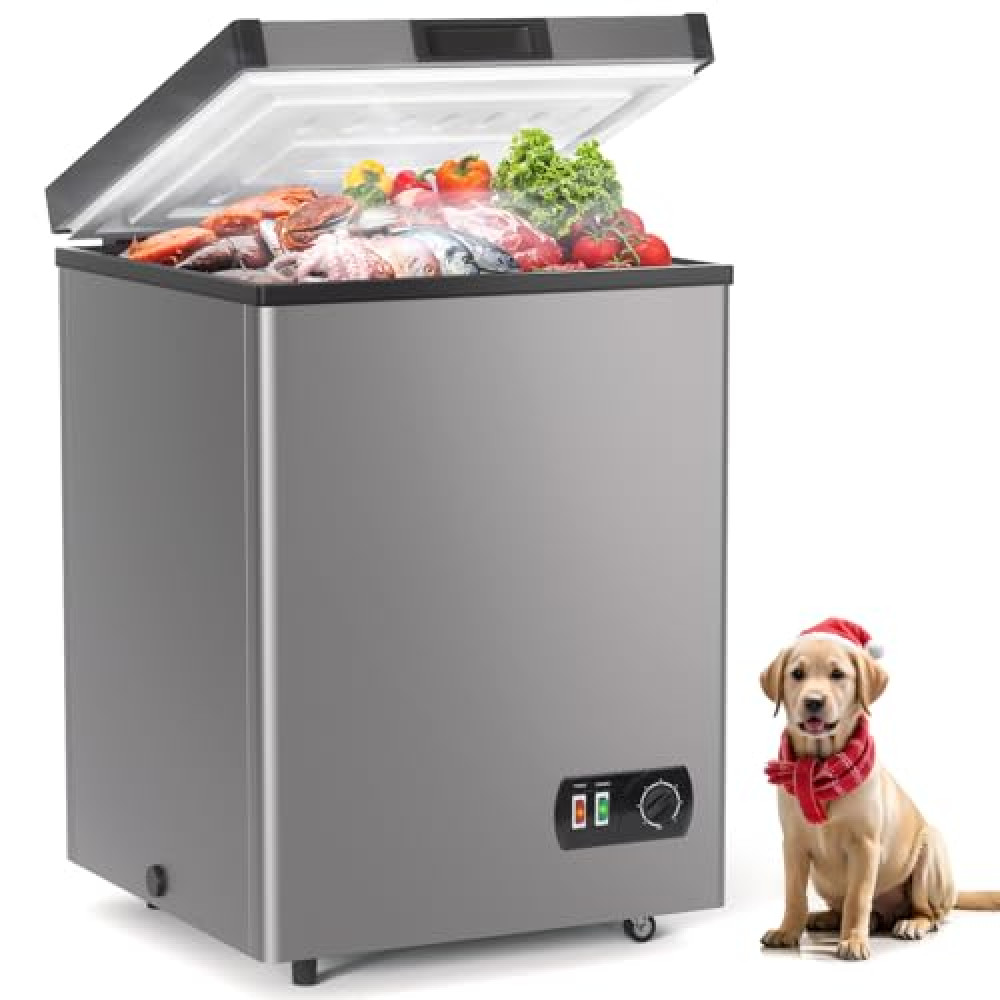 4.2 Cubic Feet Deep Chest Freezer, LifePlus Compact Freezers with 7 Adjustable Thermostat Top Open Door Freezer Compressor Cooling with Rmovable Storage Basket for Home Kitchen Office and Bar Grey