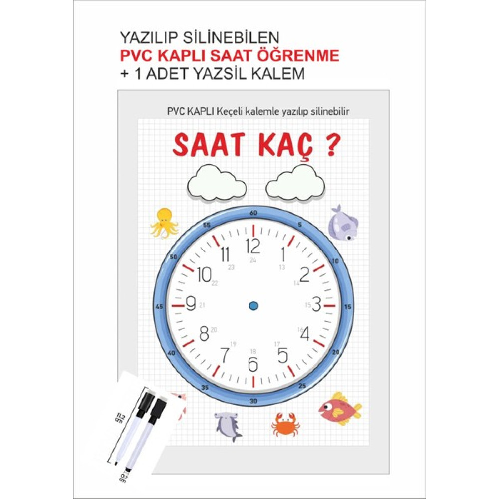 43 Cici Süsler Organizasyon Çocuk Saat Öğrenme A4 Pvc Yaz Sil Saat Kaç Materyali + Mıknatıslı Yazsil Tahta Kalemi Yazı Tahtası Kalemi Fiyatı