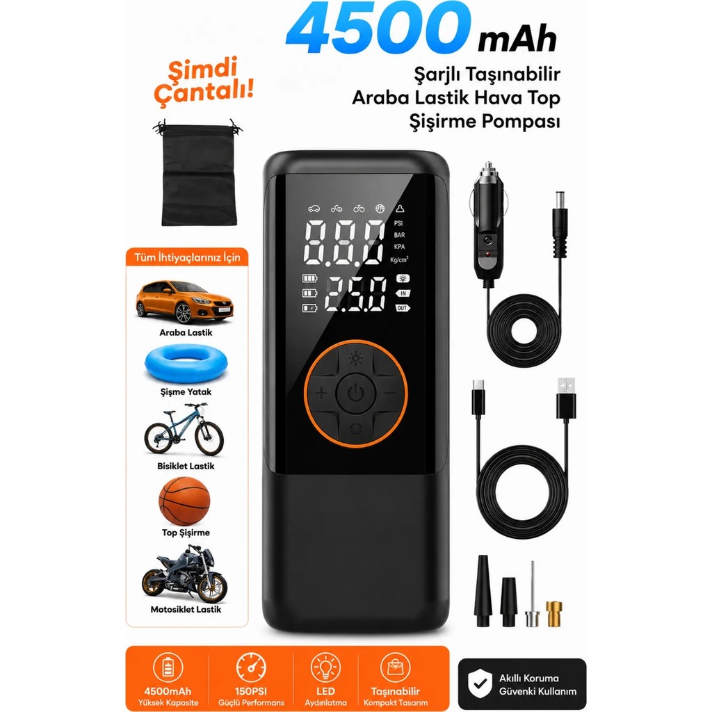 4500 Mah Şarjlı Taşınabilir Araba Lastik Hava Top Şişirme Pompası LED Işıklı Dijital Hava Kompresörü Hava Kompresörü Fiyatı