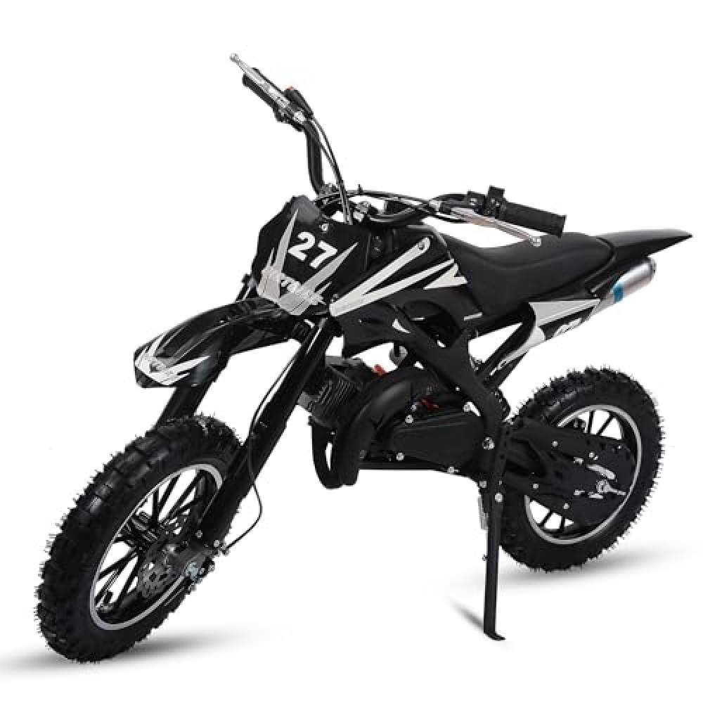 49cc Gas Dirt Bike - 2 Stroke Motorcycle with Off-Road Tires, Dual Disc Brakes & Shock Absorbers - Beginner Motocross Bike with Comfort Seat Cushion for Youth Riders (Black)
