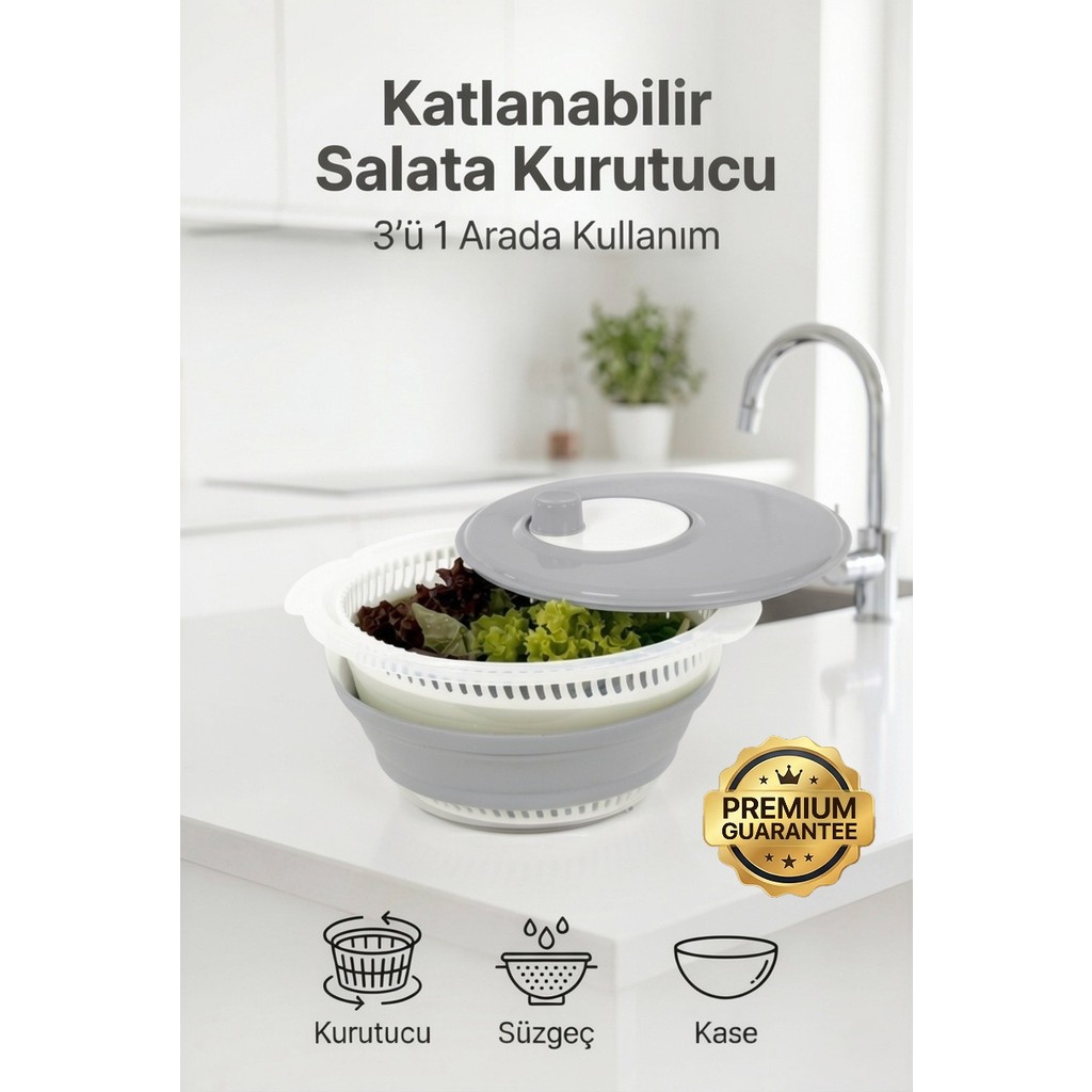 4Berry Katlanabilir Salata Kurutucu - Süzgeç ve Kase Seti - 3’ü 1 Arada 4.5 Litre Gri Diğer Fiyatı