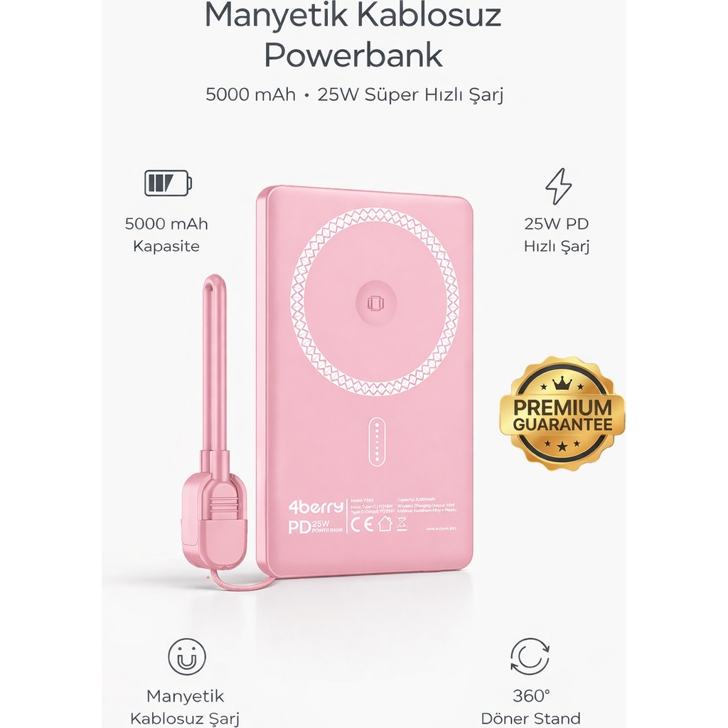 4Berry Y353P 5000 mAh Manyetik Kablosuz Powerbank | 25W Hızlı Şarj | MagSafe Uyumlu | 15W Wireless | Kompakt Taşınabilir Şarj Cihazı - Pembe Taşınabilir Şarj Cihazı - Powerbank Fiyatı