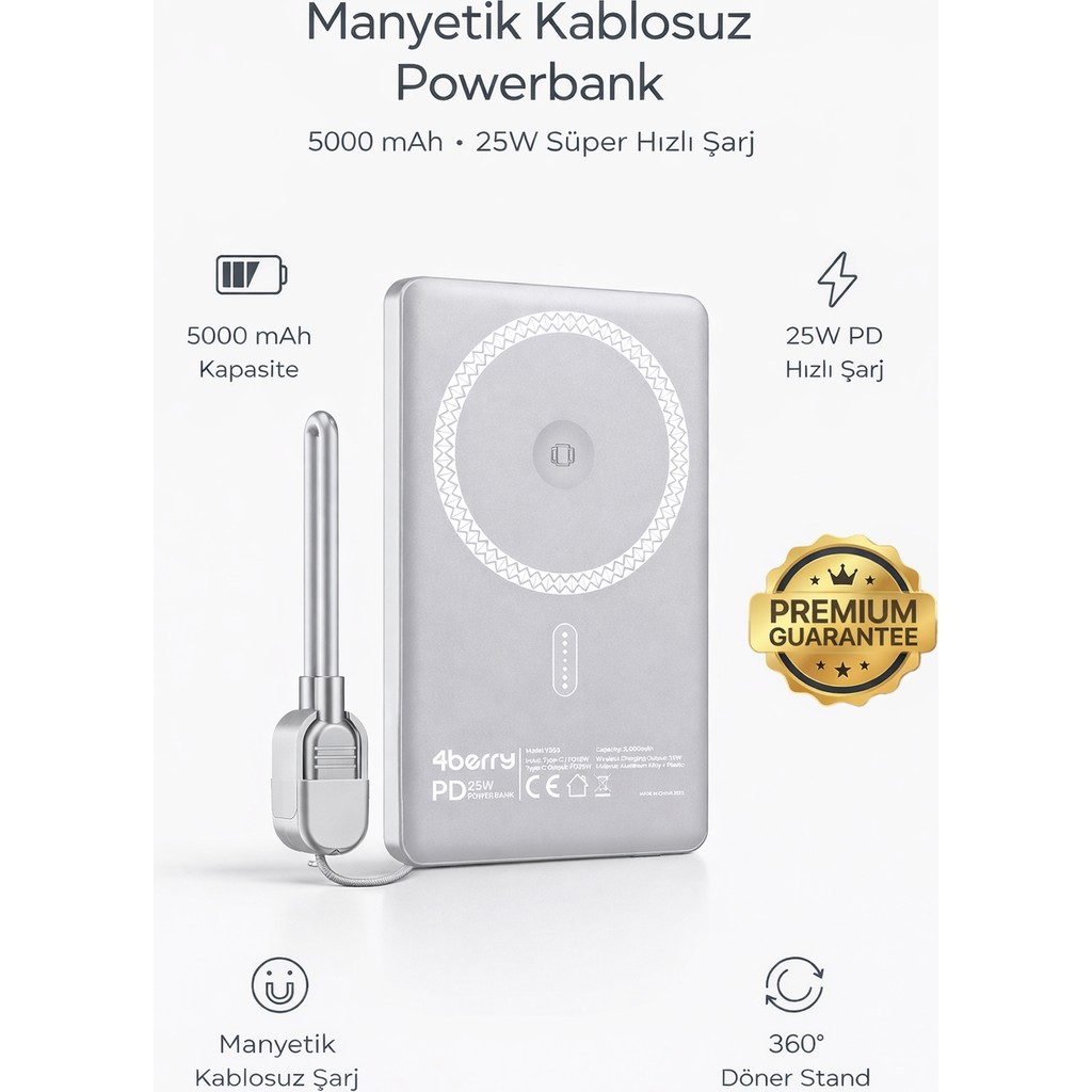 4Berry Y353S Powerbank 5.000 Mah Magnetıc Wıreless - Gri Taşınabilir Şarj Cihazı - Powerbank Fiyatı