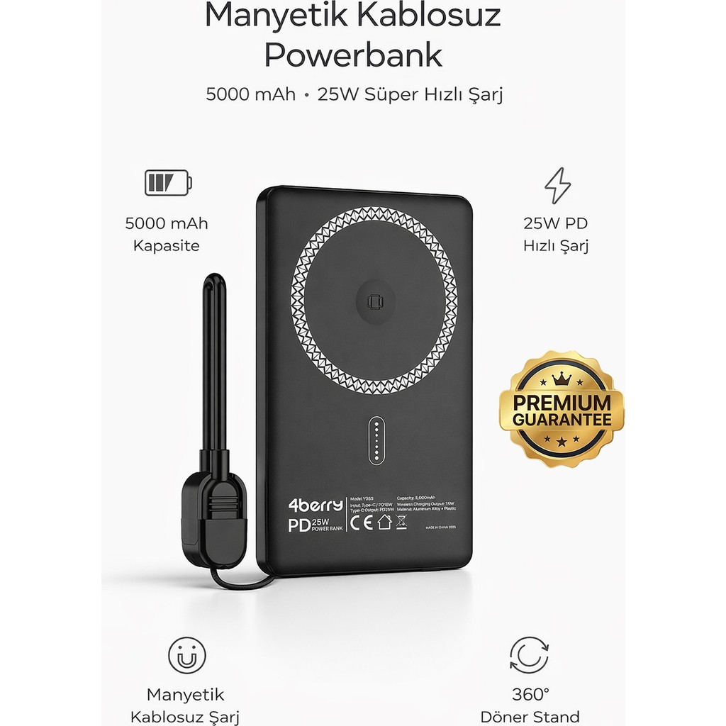 4Berry Y353S Powerbank 5.000 Mah Magnetıc Wıreless - Siyah Taşınabilir Şarj Cihazı - Powerbank Fiyatı