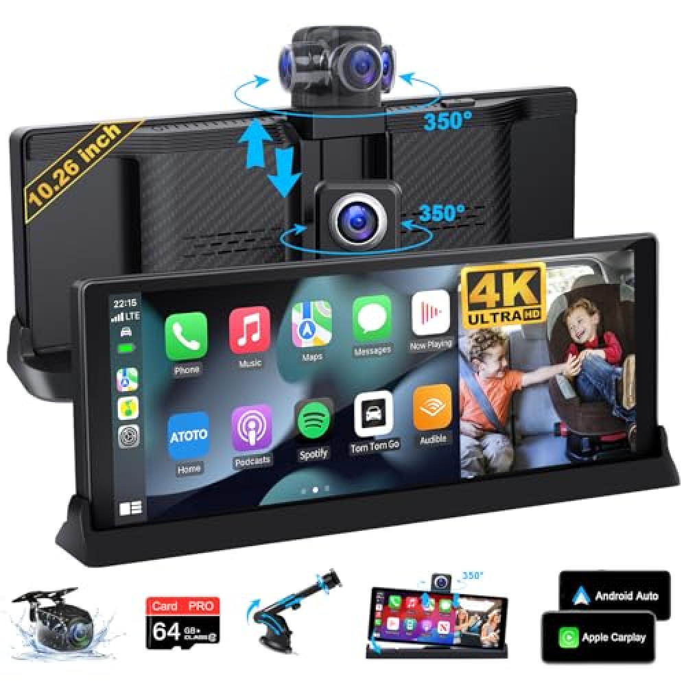 4K Apple Carplay with 350° Rotatable Camera 10.26" Carplay Screen for Car Auto-Brightness Wireless Carplay & Android Auto Navigation Dual Bluetooth Vioce Control Unique Bracket Apple Car Play Screen