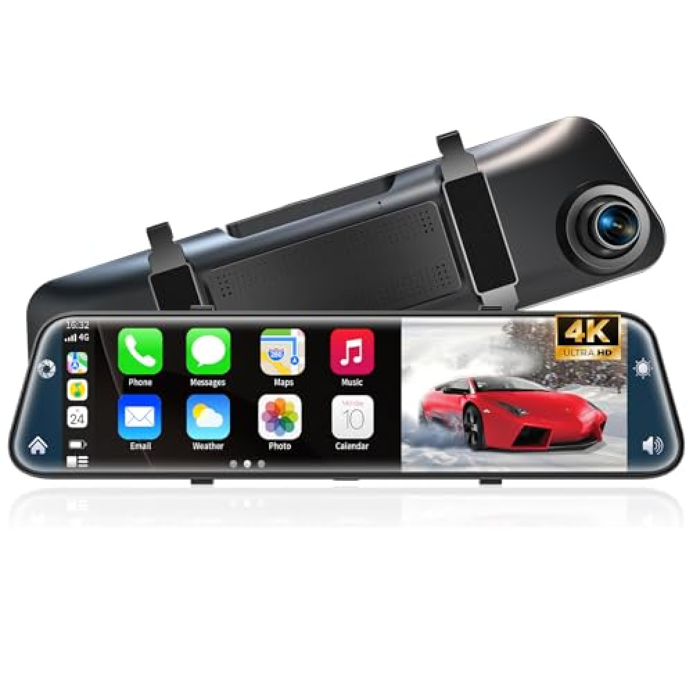 4K Rear View Mirror Camera with Carplay&Android Auto,12" Mirror Dash Cam Front and Rear with Voice Control for Cars&Trucks,Smart Touch Screen,64GB Card Included/Parking Monitor/Reverse Assist