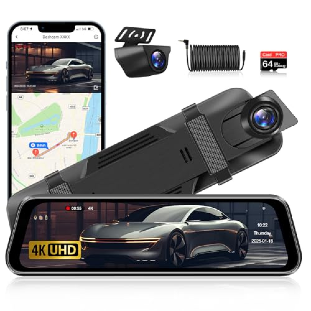 4K WiFi Rear View Mirror Camera 10’’ Mirror Dash Cam Front and Rear w Super Night Vision Dash Cam Mirror w 64G TF Card WiFi App Loop Recording G Sensor Waterproof Reversing Camera