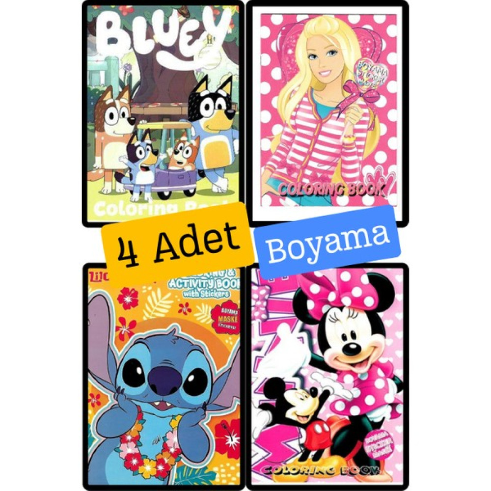 4'lü Bluey Karakterleri Mickey Mouse Barbie Min Boyama Kitabı Seti(Boyama, Sticker, Arka Kapak Maske) Sanatsal Malzemeler Fiyatı