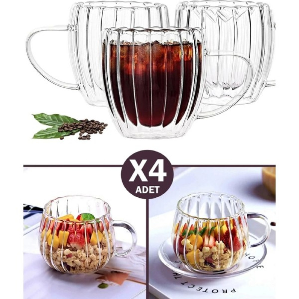 4'lü Çift Cidarlı 250 ml Kulplu Isıya Dayanıklı Cam Bardak Burgulu Çay Süt Kahve Kupası Bardağı Set - 4 Adet Fincan / Bardak / Kahve Takımı Fiyatı