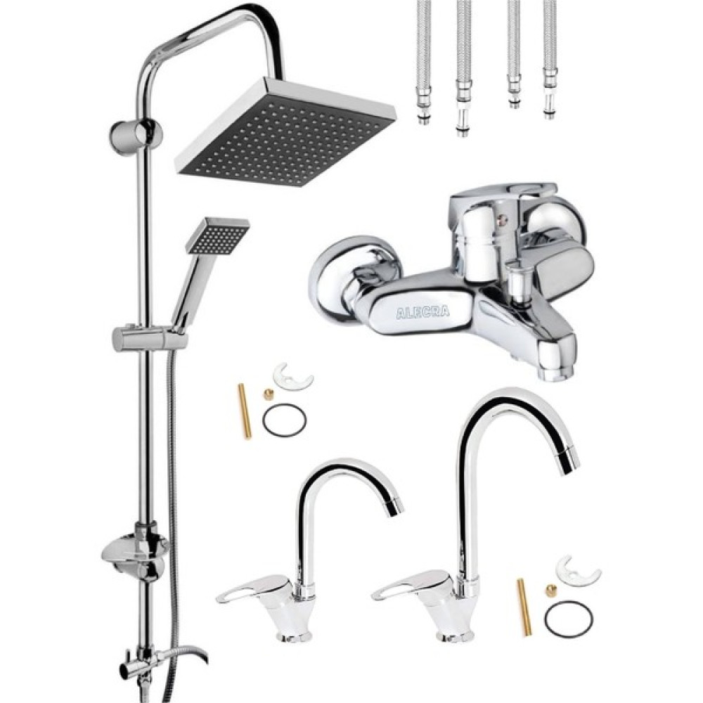 4'lü Full Set Robot Duş Seti, Krom Banyo, Krom Baston Eviye ve Baston Lavabo Bataryası Musluğu Duş Seti Fiyatı