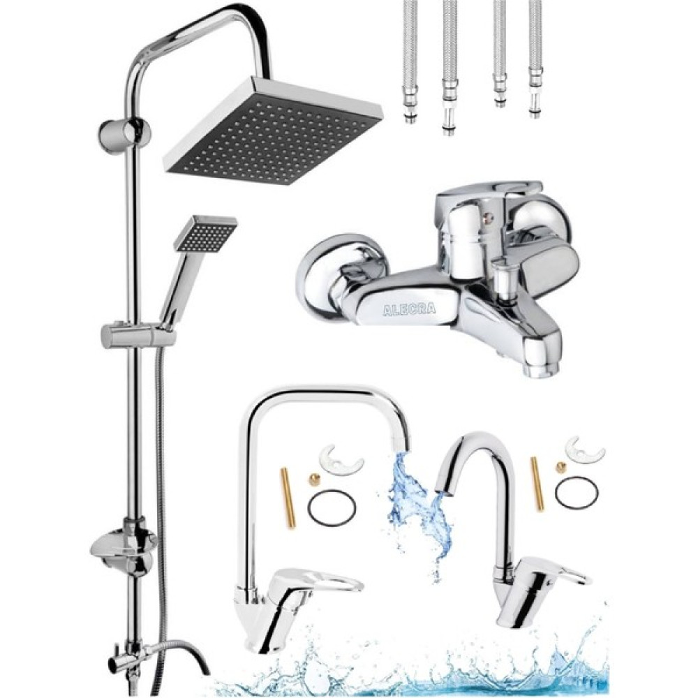 4'lü Full Set Robot Duş Seti, Krom Banyo, Krom Köşe Eviye ve Baston Lavabo Bataryası Musluğu Duş Seti Fiyatı