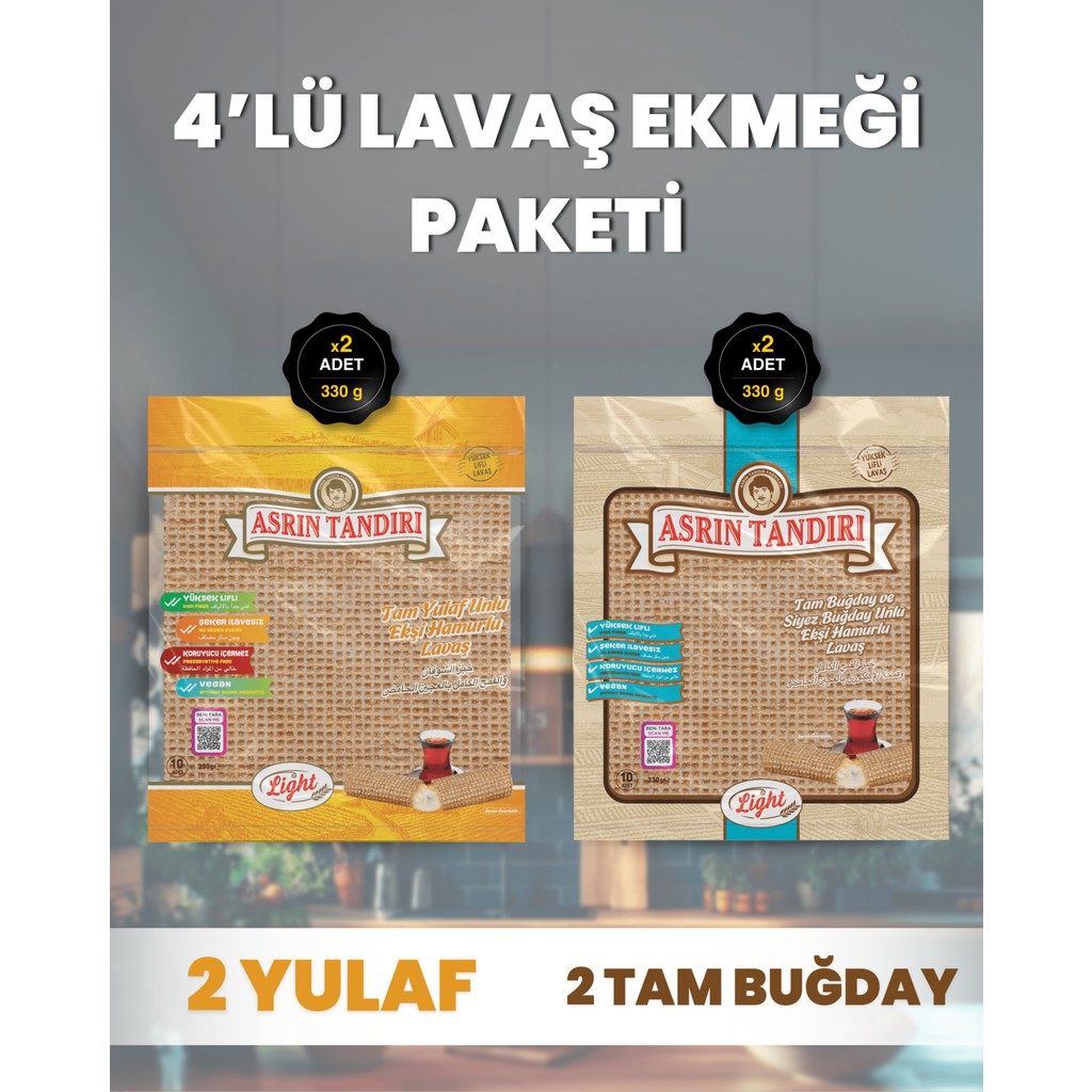 4'LÜ PAKET -Asrın Tandırı 2 Adet Ekşi Mayalı Yulaf Ekmeği +2 Adet Ekşi Mayalı Tam Buğday Lavaş Ekmeği (330 GRAMX4 PAKET) - 1 Adet Diğer Fiyatı