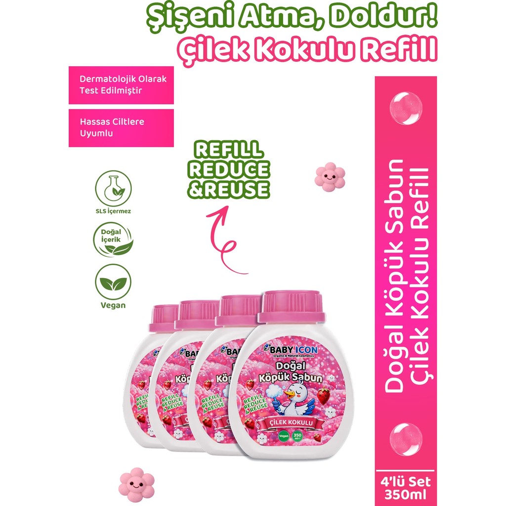 4lü Yedek Dolum - Baby Icon Doğal Çocuk Köpük Sabun 350 ml Çilek Kokulu Diğer Fiyatı