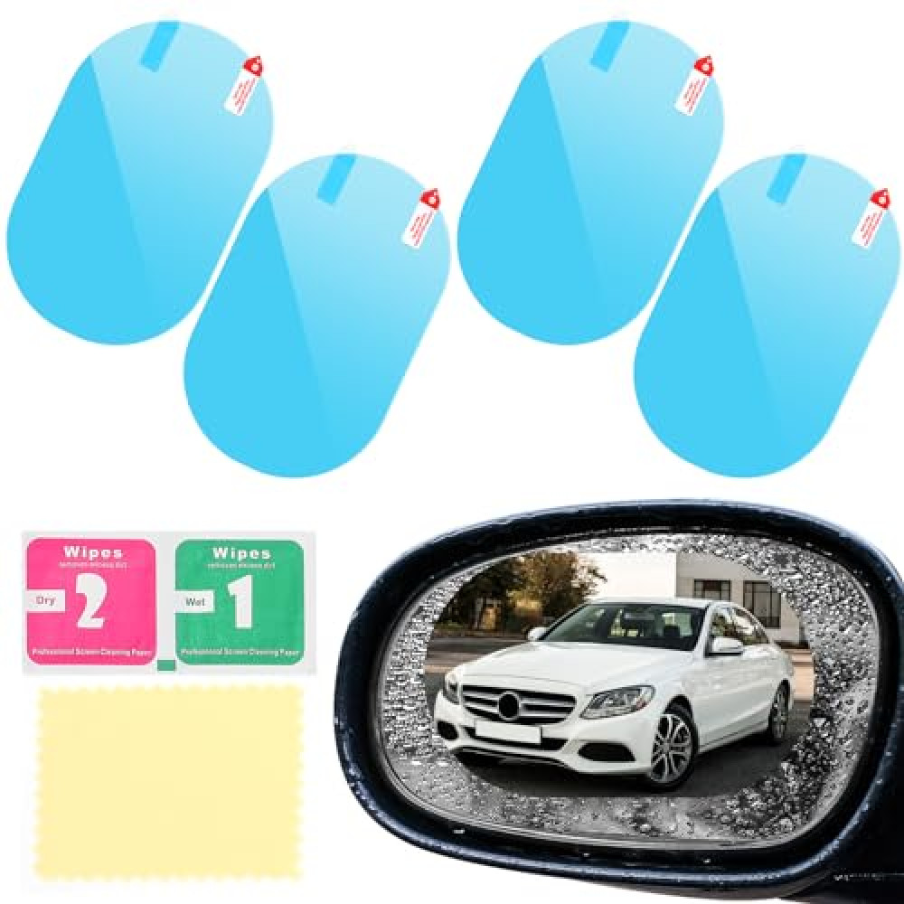 4Pcs Car Rear View Mirror Film Clear Sticker Film Transparent Rainproof Film with Cleaning Kits Waterproof Sticker Antifogging for Car Mirrors and Car Side Mirror