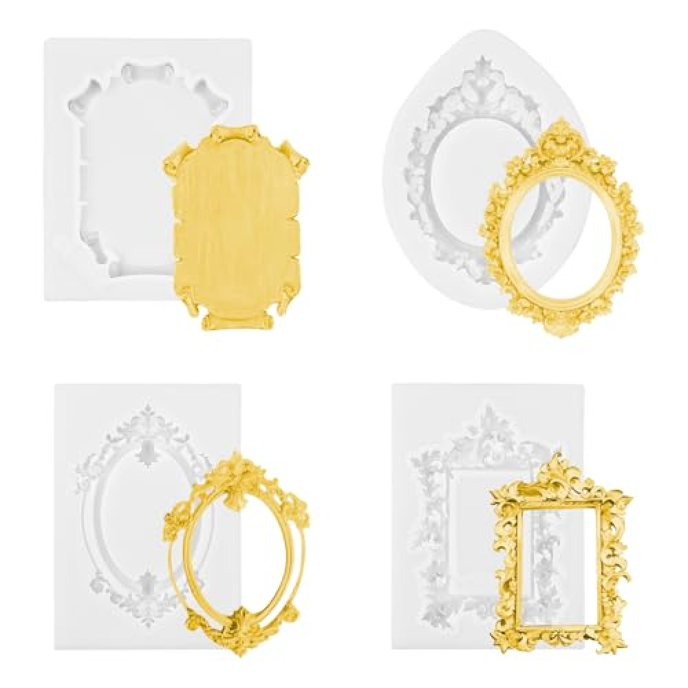 4pcs Photo Frame Fondant Molds, Silicone Frame Mold, 4 Shapes Clay Molds, Picture Frame Molds for Chocolate Candy Cupcake Topper Cake Decoration Polymer Clay