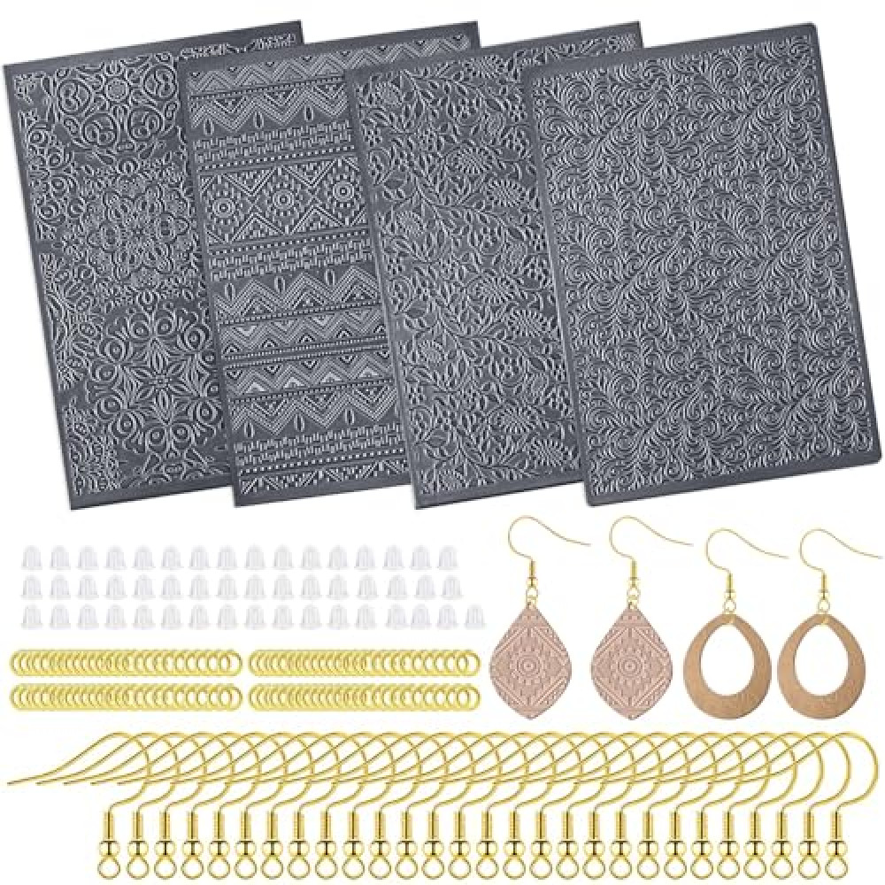 4Pcs Polymer Clay Texture Sheets with 100Earring Hooks,100Open Jump Rings,100Silicone Earring Backs Clay Texture Mat Floral Boho Clay Texture Stamps Tools for Earrings Jewelry Making DIY Crafts